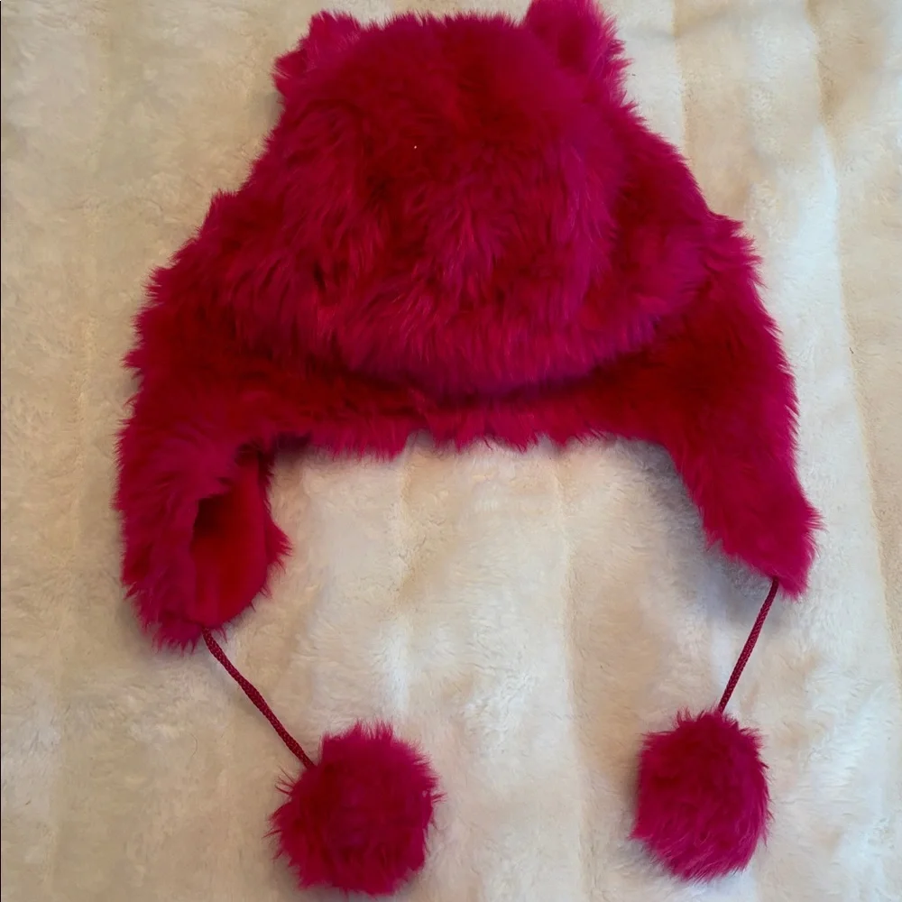 Girls Pink Faux Fur Hat Ears Pom Poms Toby Fleece